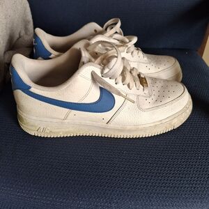 Nike Men’s Air Force 1 White Leather Sneakers with Blue Swoosh